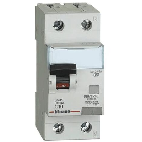 Interruptor magnetotérmico diferencial Bticino 1P+N 10A 30mA tipo A 4,5kA 2 módulos GA8813A10