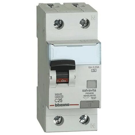 Interruptor magnetotérmico diferencial Bticino 1P+N 25A 30mA tipo A 4,5kA 2 módulos GA8813A25