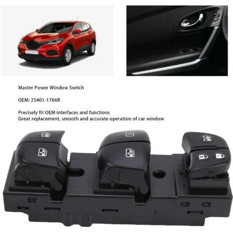 Interruptor principal izquierdo para elevalunas eléctrico para Kadjar (2015-2019) - OEM 25401-1766R, negro, control de elevalunas