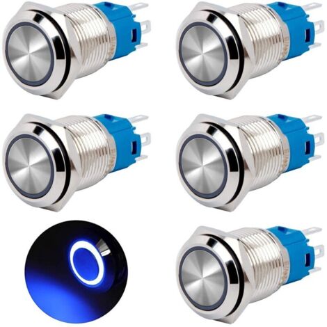 Interruptor pulsador momentáneo de 16 mm, 12 V/24 V CC, 3 A, resistente al agua, de latón cromado, con anillo de luz LED azul, paquete de 5