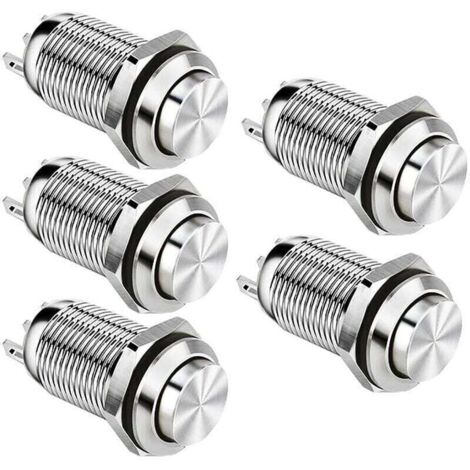 Interruptor pulsador momentáneo metálico impermeable de 12 mm SPST NO, 2 A, 12 V/24 V/125 V/250 V, paquete de 5 (cabezal alto).