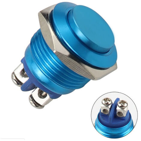 Interruptor pulsador redondo de acero inoxidable, 220 V, 16 mm, resistente al agua, con reinicio automático, normalmente abierto, cabezal alto (azul)