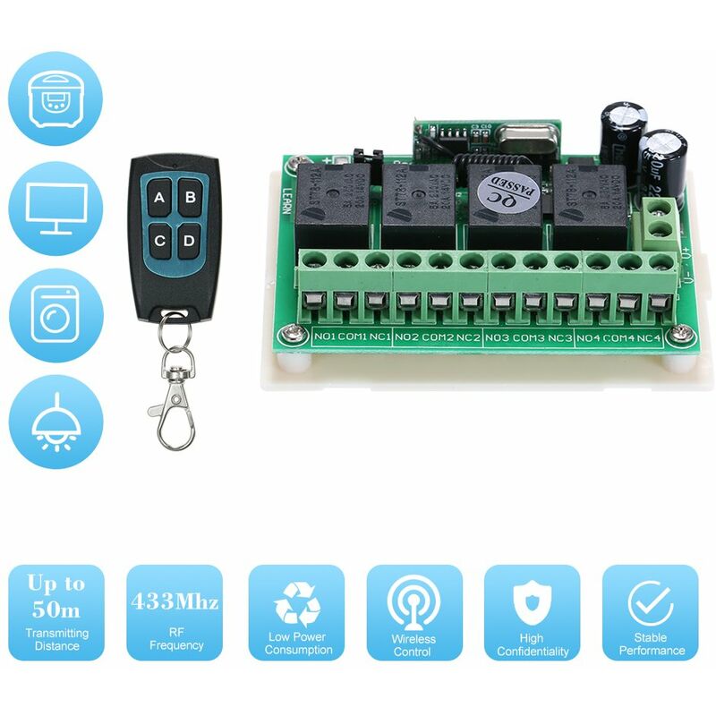 

Interruptor RF inalambrico de DC 12V 4CH canal 433Mhz, interruptor teledirigido inalambrico de largo alcance,Verde, control remoto 1PCS