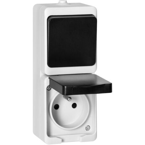 Interruptor unipolar de superficie + base 2P+Z AQUATIC MINI IP54 blanco-negro