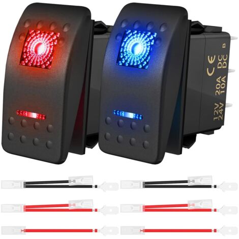 Interruttore a bilanciere illuminato a LED SPST da 2pezzi DC 20A/12V 10A/24V, impermeabile a 5pin, con set di cavi di collegamento per UTV,auto,camion,camper,barche, motociclette,auto, rosso/blu