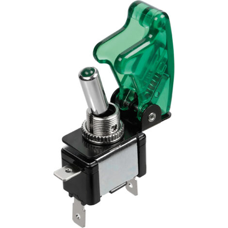 Interruttore a leva con sicura, in alluminio con spia a Led -  12/24V - Verde -   20A