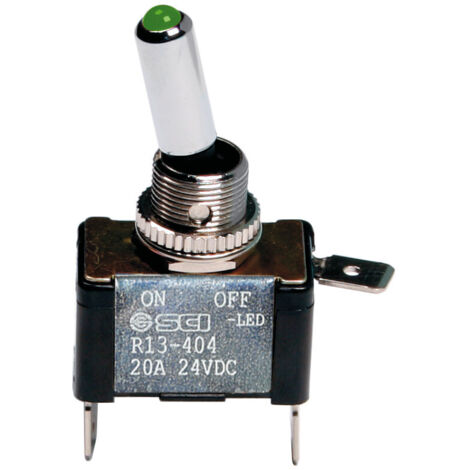 Interruttore a leva, in alluminio con spia a Led -  12/24V - Verde -   20A