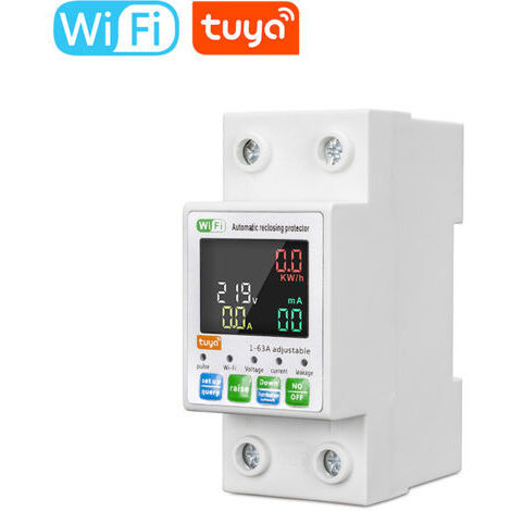 Interruttore automatico intelligente Tuya WIFI con contatore di energia ibrido retroilluminato, ripristino automatico, display LCD, app di controllo remoto e compatibilità con Alexa.
