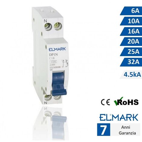Interruttore automatico magnetotermico modulare 1P+N 4,5KA CURVA C per guida din 1 modulo protezione sovraccarico  C25-25A