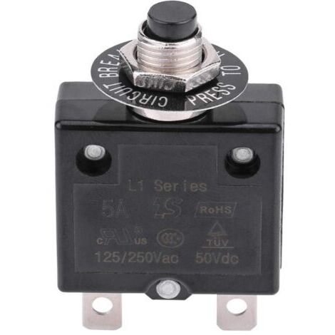 Interruttore automatico unipolare da 18 A con ripristino manuale, termostato e protezione da sovraccarico. Facile installazione nei circuiti elettrici.