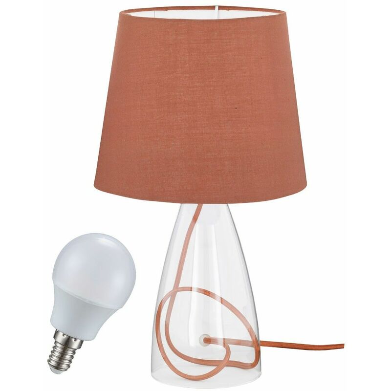 Image of Lampada da tavolo di design a led da 3 watt, vetro trasparente, paralume in tessuto marrone, interruttore di illuminazione