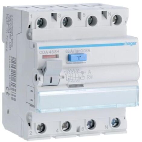 Interruttore differenziale puro 4 poli 63a 30ma tipo a 4 moduli ip20 hager cda463h