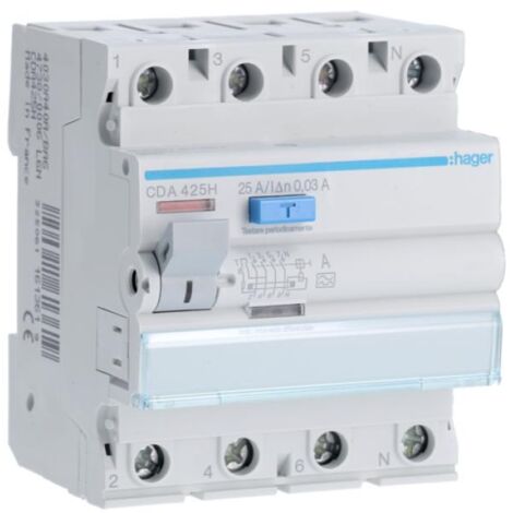 Interruttore differenziale puro acc. 4 poli 30 ma 25 a tipo a 4 m. din hager cda425h
