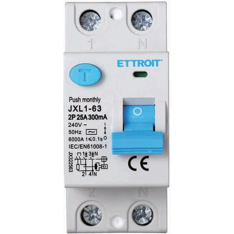 ETTROIT INTERRUTTORE DIFFERENZIALE PURO SALVAVITA PER BARRA DIN 2 MODULI 2P 25A 240V 300mA 6KA