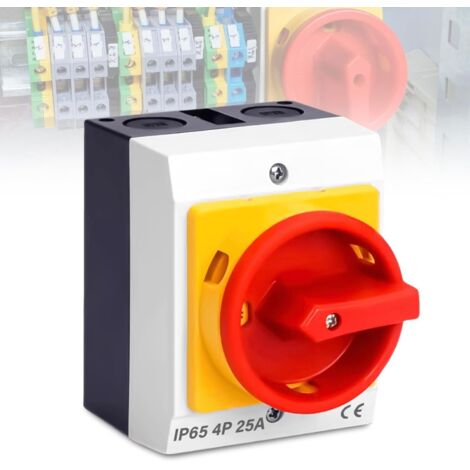 Interruttore generale quadripolare 25A - Rotativo con alloggiamento in plastica IP65 - Separatore di carico a montaggio superficiale - Per il collegamento e lo scollegamento di piccoli circuiti (25A)