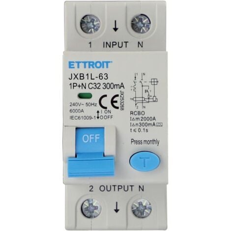 ETTROIT Interruttore magnetotermico differenziale 1P+N, 2 moduli, 230Vac, 32A, 300mA, 6KA, classe A