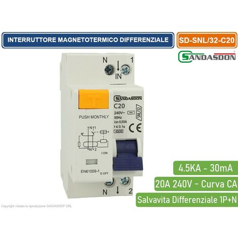 Interruttore Magnetotermico Differenziale Salvavita 1P+N-C20 0,03A 2 Moduli Din SD-SNL/32-C20