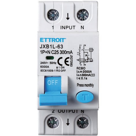 ETTROIT INTERRUTTORE MAGNETOTERMICO DIFFERENZIALE SALVAVITA PER BARRA DIN 2 MODULI 1P+N 25A C25 240V 300mA 6KA