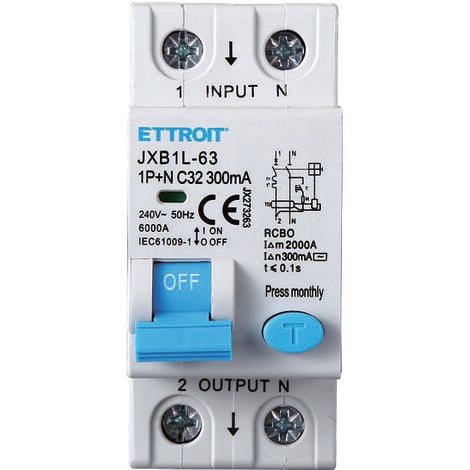 ETTROIT INTERRUTTORE MAGNETOTERMICO DIFFERENZIALE SALVAVITA PER BARRA DIN 2 MODULI 1P+N 32A C32 240V 300mA 6KA