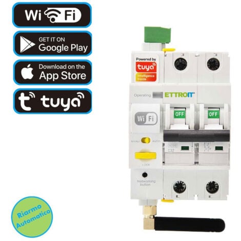 ETTROIT INTERRUTTORE MAGNETOTERMICO SMART WIFI 2P 16A RIARMO AUTOMATICO TRAMITE APP TUYA 3DIN