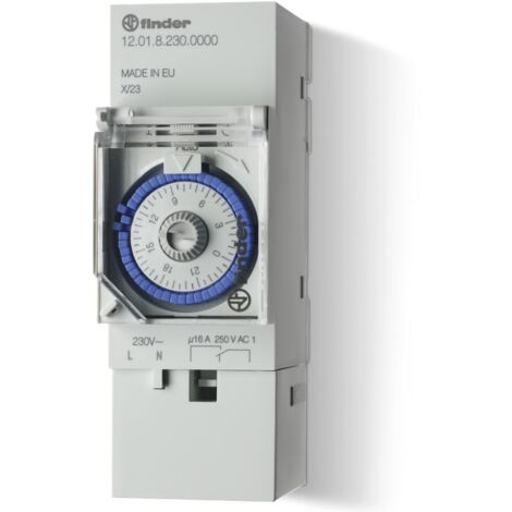 Interruttore orario elettromeccanico, giornaliero, intervallo 30 minuti, 1 contatto in scambio, 16A, 230Vac, serie 12 - Finder 12.01.8.230.0000