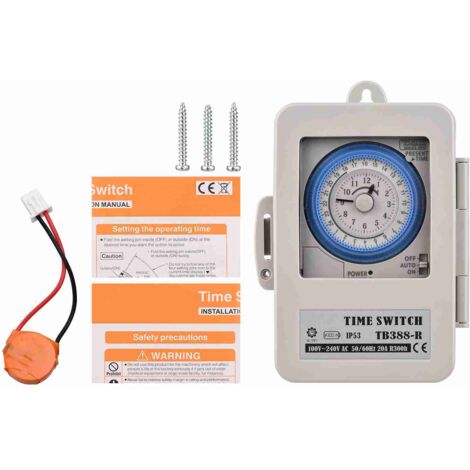 Interruttore orario TB388R da 24 ore con timer meccanico analogico e regolatore automatico, montaggio su guida DIN con coperchio impermeabile, bianco, AC 100-240V