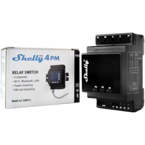 Shelly Pro 4PM Interruttore Professionale Rel√® 4 Contatti, Wi-Fi per Automazione Domestica, Comandi Vocali Amazon Alexa, Google Home e MQTT, nero