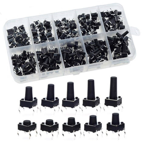 Interruttori a pulsante tattili da 200 pezzi 10 valori 6x6mm, kit assortimento interruttori, nero