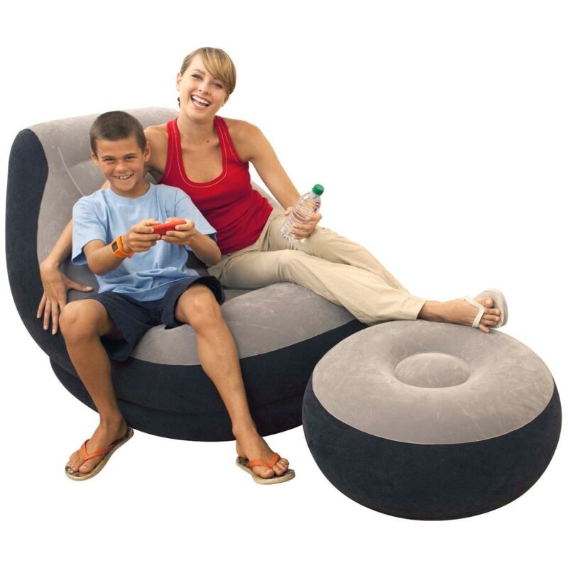 Intex 68564NP, Poltrona Lounge 102 x 137 x 79 cm, con Poggia Piedi 64 x 28 c, Grigio/Nero, Tinta Unita
