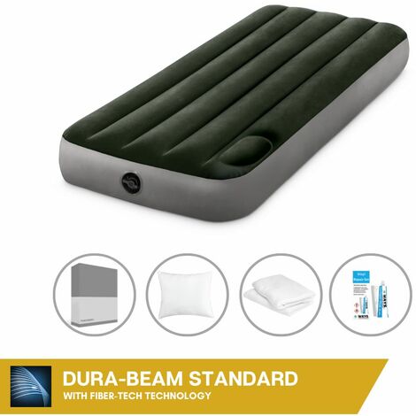 Intex Matelas gonflable - 1-Person - 76 x 191 x 25 cm - Vert - Avec pompe à pied intégrée + Drap housse Anthracite + Coussin + Taies d'oreiller Molton 2 en 1 + Trousse de réparation - Vert