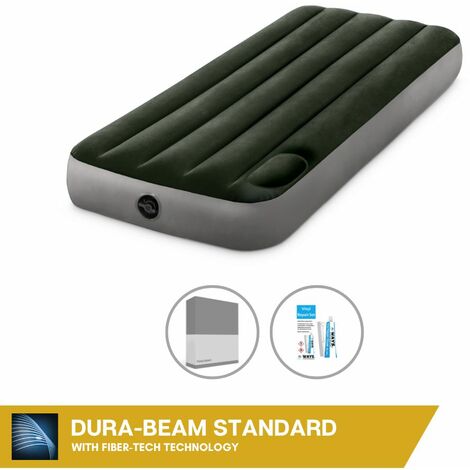 Intex Matelas gonflable - 1-Person - 76 x 191 x 25 cm - Vert - Avec pompe à pied intégrée + Drap housse Anthracite + Trousse de réparation - Vert