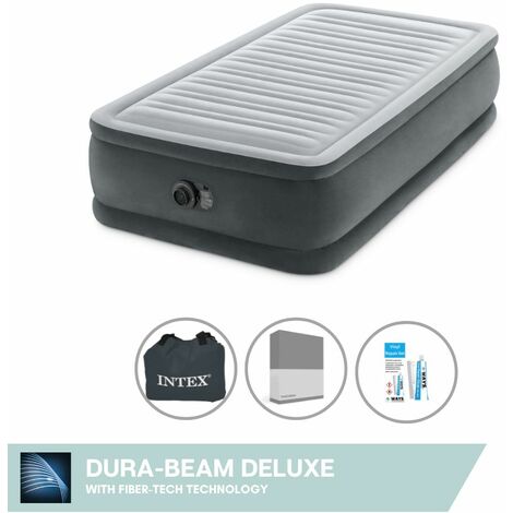 Intex Matelas gonflable - 1-Person - 99 x 191 x 46 cm - Gris - Avec pompe intégrée + Drap housse Anthracite + Trousse de réparation - Gris clair