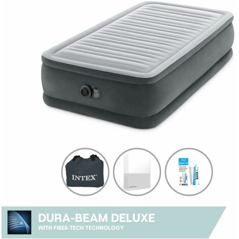 Intex Matelas gonflable - 1-Person - 99 x 191 x 46 cm - Gris - Avec pompe intégrée + Drap housse Blanc + Trousse de réparation - Gris clair