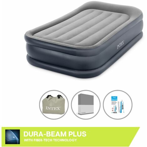Intex Matelas gonflable - 1 personne - 99 x 191 x 42 cm - Gris - Avec pompe + Drap housse Anthracite + Trousse de réparation - Gris
