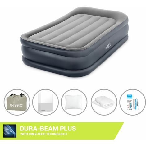 Intex Matelas gonflable - 1 personne - 99 x 191 x 42 cm - Gris - Avec pompe + Drap housse Blanc + Coussin + Taies d'oreiller Molton 2 en 1 + Trousse de réparation - Gris