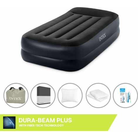 Intex Matelas gonflable - 1 personne - 99 x 191 x 46 cm - Bleu - Avec pompe + Drap-housse Noir + Coussin + Taies d'oreiller Molton 2 en 1 + Trousse de réparation - Bleu