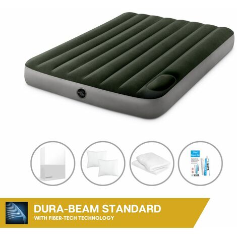 Intex Matelas gonflable - 2 personnes - 137 x 191 x 25 cm - Vert - Avec pompe à pied intégrée + Drap housse Blanc + Coussin + Taies d'oreiller Molton 2 en 1 + Trousse de réparation - Vert