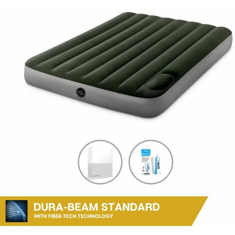 Intex Matelas gonflable - 2 personnes - 137 x 191 x 25 cm - Vert - Avec pompe à pied intégrée + Drap housse Blanc + Trousse de réparation - Vert