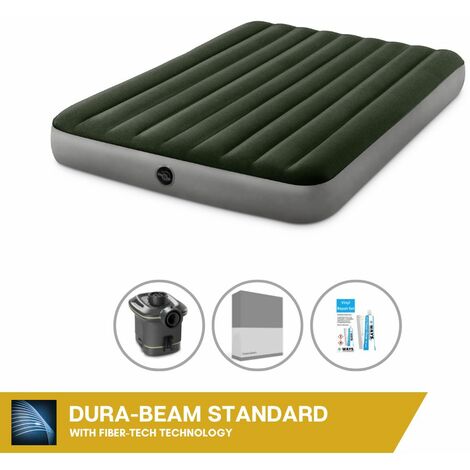 Intex Matelas gonflable - 2 personnes - 152 x 203 x 25 cm - Vert - Avec pompe + Drap housse Anthracite + Trousse de réparation - Vert