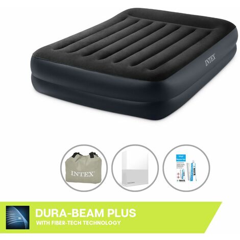 Intex Matelas gonflable - 2 personnes - 152 x 203 x 42 cm - Bleu - Avec pompe + Drap housse Blanc + Trousse de réparation - Bleu