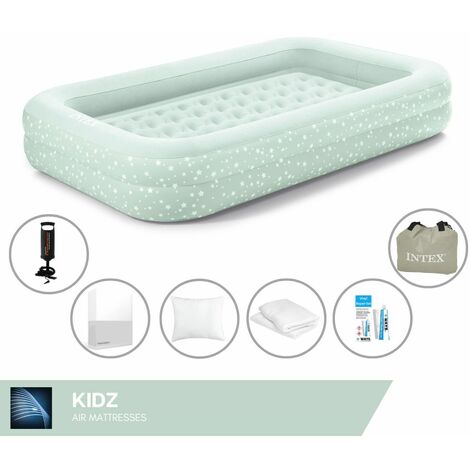 Intex Matelas gonflable Kidz - 1 personne - 107x168x25 cm (LxLxH) - Vert menthe - Avec pompe à main + Drap housse Blanc + Coussin + Taies d'oreiller Molton 2 en 1 + Trousse de réparation - Beige