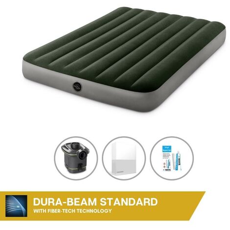 Intex Matelas gonflable - Queen - 137 x 191 x 25 cm - Vert - Avec pompe + Drap housse Blanc + Trousse de réparation - Vert