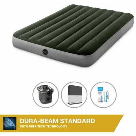 Intex Matelas gonflable - Queen - 137 x 191 x 25 cm - Vert - Avec pompe + Drap-housse Noir + Trousse de réparation - Vert