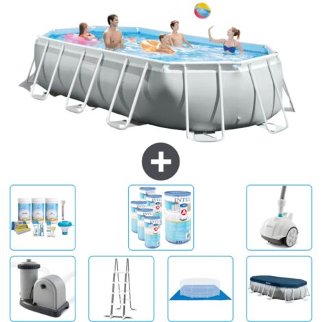 Intex Oval Prism Frame Swimmingpool – 503 x 274 x 122 cm – Grau – Inklusive Zubehör CB45