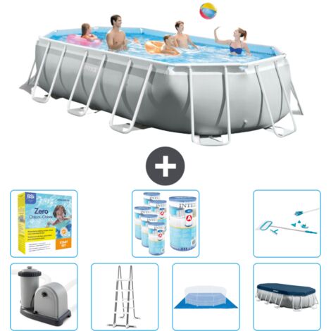 Intex Oval Prism Frame Swimmingpool – 503 x 274 x 122 cm – Grau – Inklusive Zubehör CB52