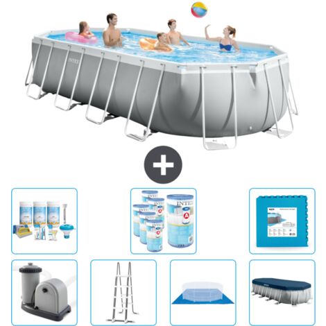 Intex Oval Prism Frame Swimmingpool – 610 x 305 x 122 cm – Grau – Inklusive Zubehör CB42