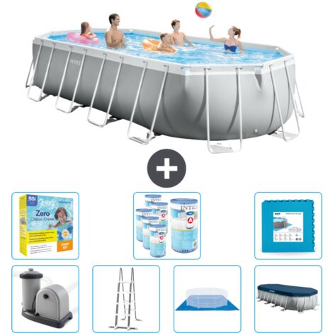 Intex Oval Prism Frame Swimmingpool – 610 x 305 x 122 cm – Grau – Inklusive Zubehör CB48
