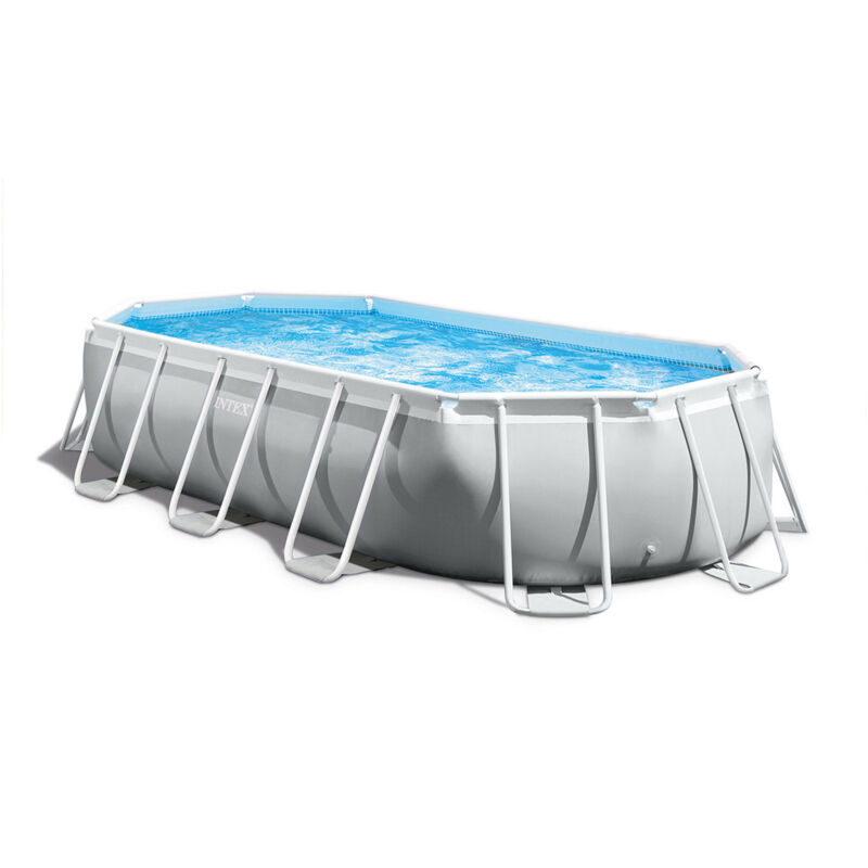 Intex - 26796NP – Piscina Fuori Terra Prisma Frame Ovale, Pompa Filtro 5678 L/h, Scaletta, Telo Base e Copertura, 13365 l, Acciaio e pvc, Grigio,