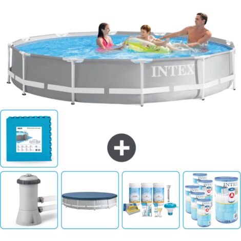 Intex Round Prism Frame Swimming Pool – 366 x 76 cm – Grau – Inklusive Zubehör CB16