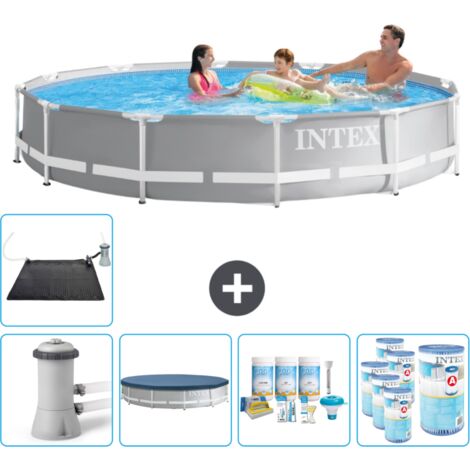 Intex Round Prism Frame Swimming Pool – 366 x 76 cm – Grau – Inklusive Zubehör CB18